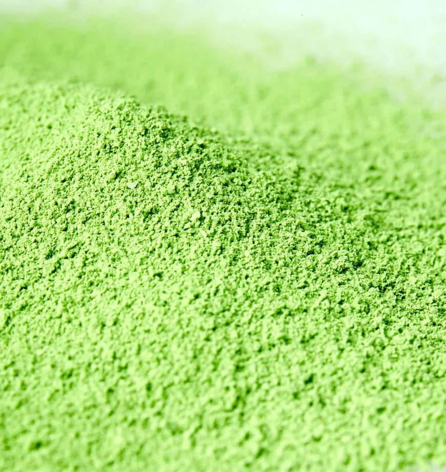 view of a green powder pile, identified as Matcha Hekisui, a traditional Japanese matcha tea.