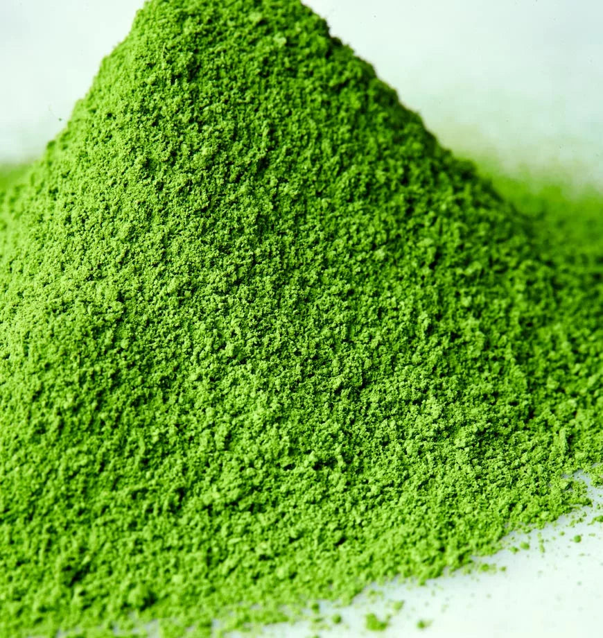 Organic Super Uji Matcha green powder arranged in a pile on a white surface, highlighting its rich green hue.