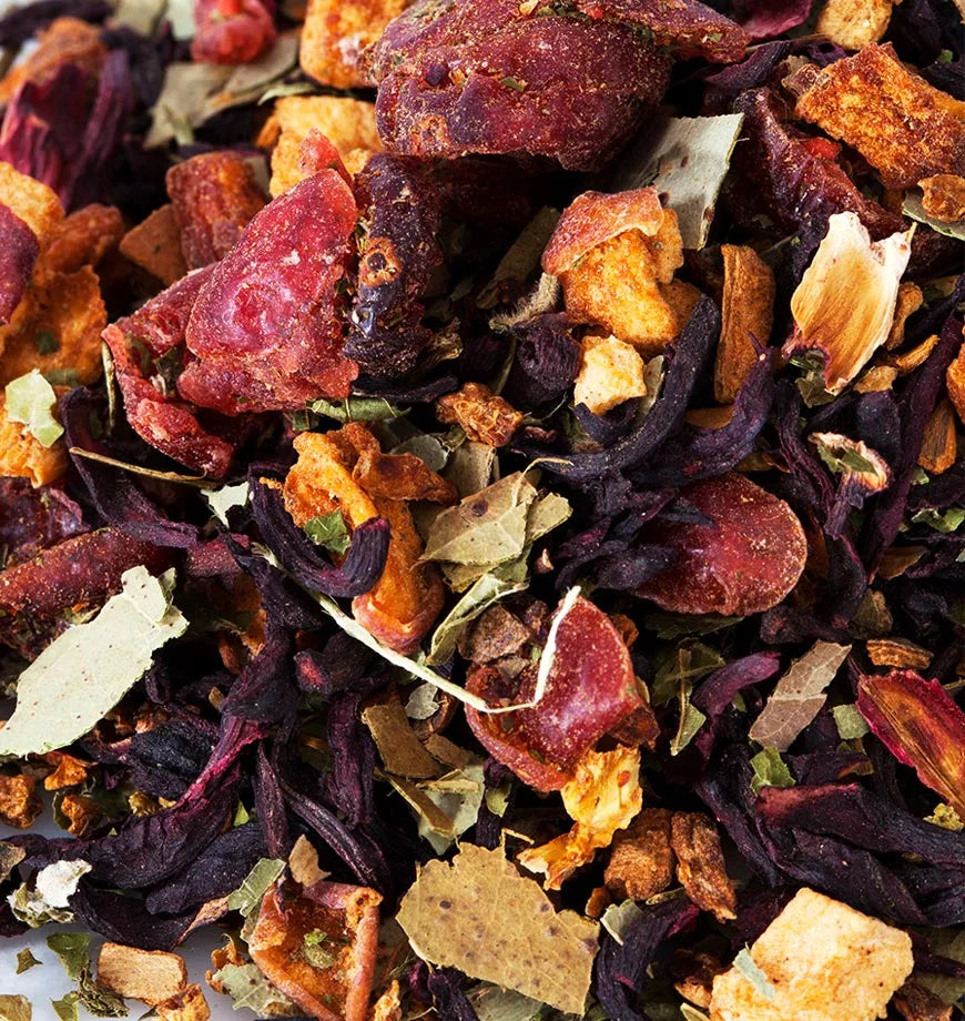 A pile of dried fruit and herbs, featuring Cranberry and Eucalyptus for a herbal infusion.