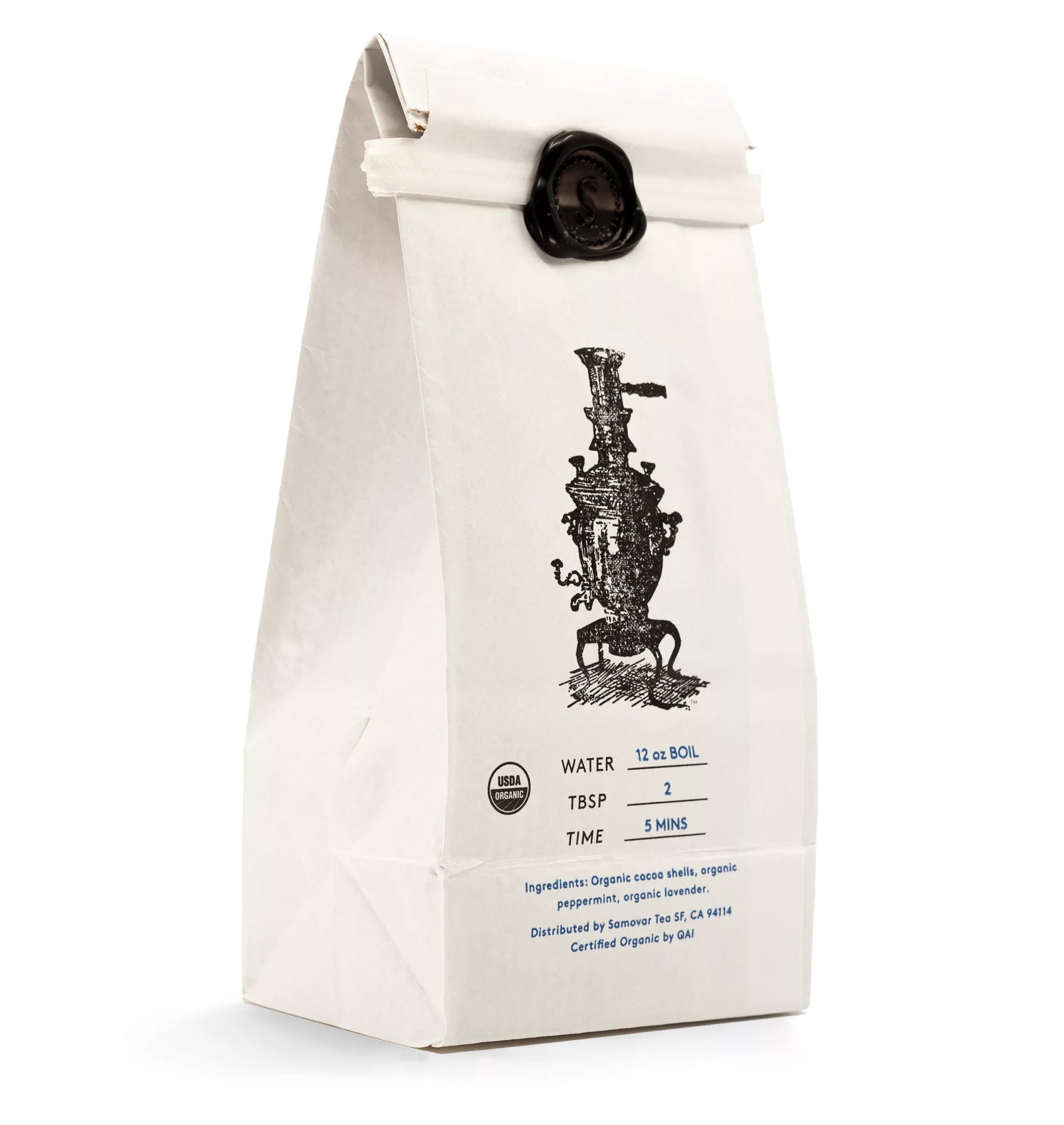 A tea bag showcasing a black and white illustration, identified as Cacao Mint herbal tea.