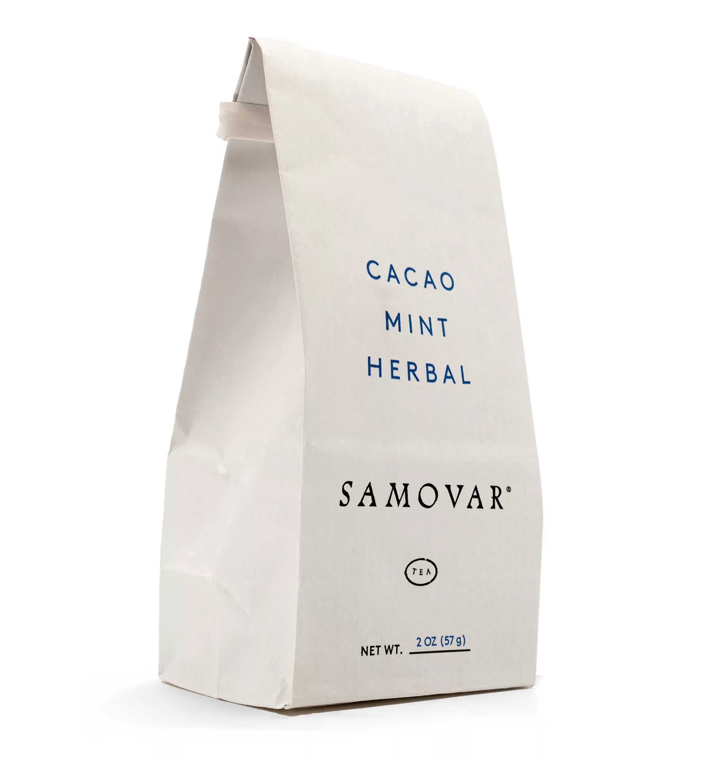 Cacao Mint herbal tea bag displayed with an eye-catching design, emphasizing its soothing and invigorating herbal blend.