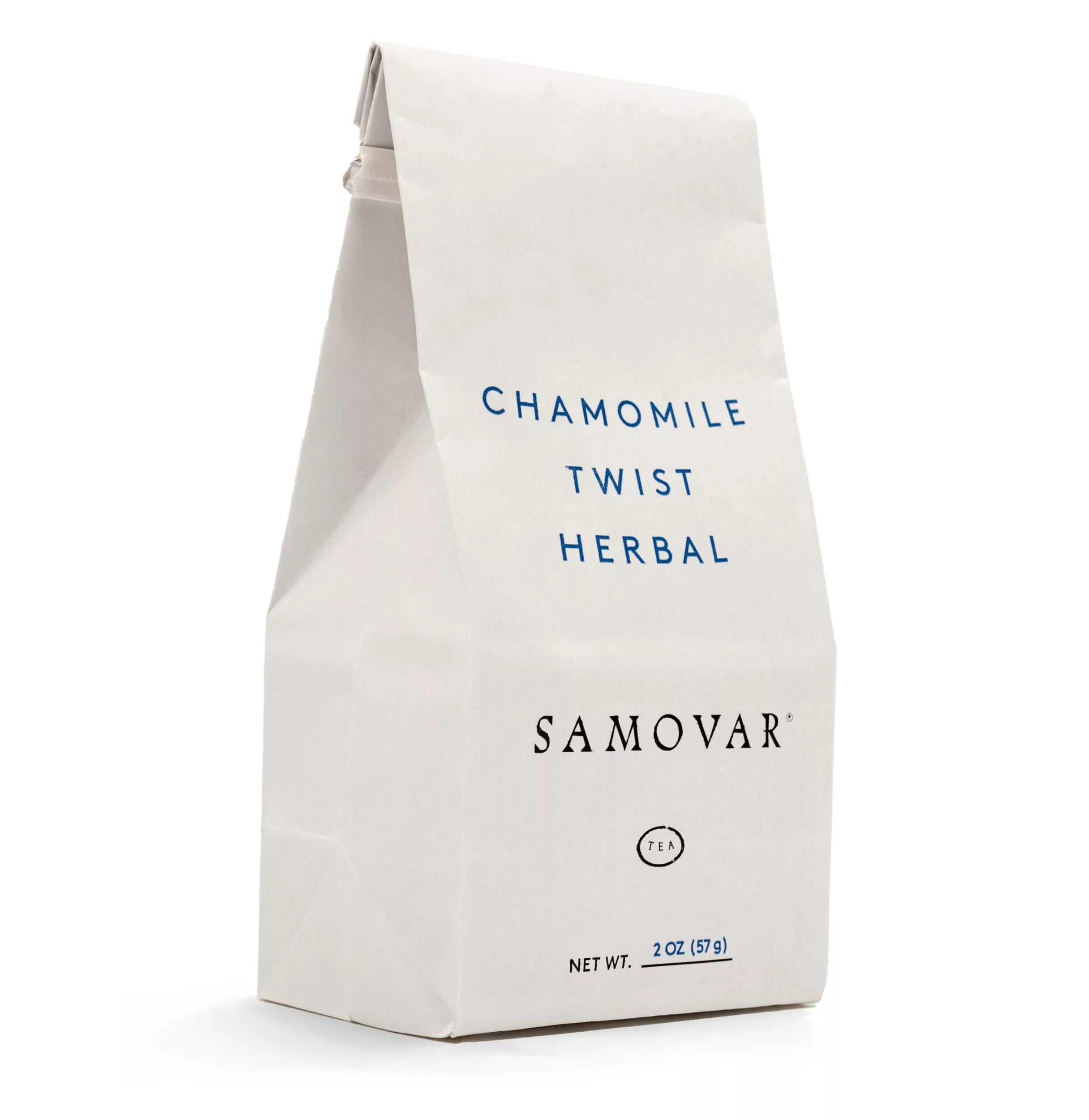 A Chamomile Twist herbal tea bag with a vibrant floral pattern, showcasing its calming chamomile blend.