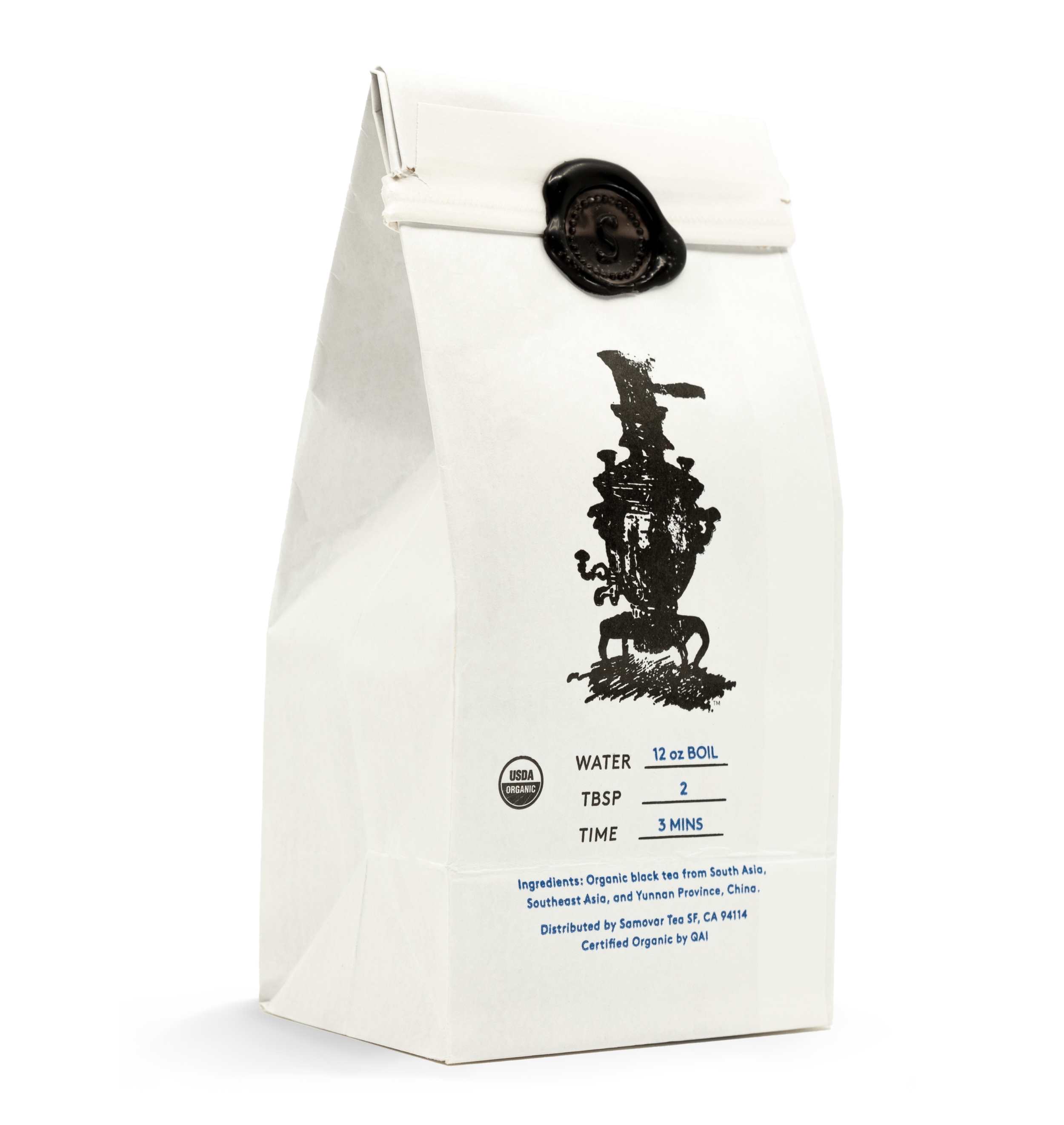 An elegantly designed tea bag in black and white, showcasing its English Breakfast label.