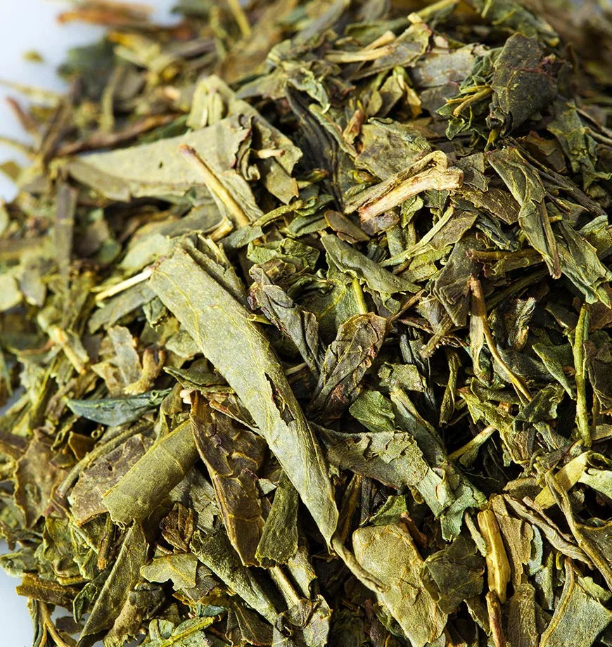 Organic Bancha green tea leaves arranged in a white bowl, emphasizing their freshness.