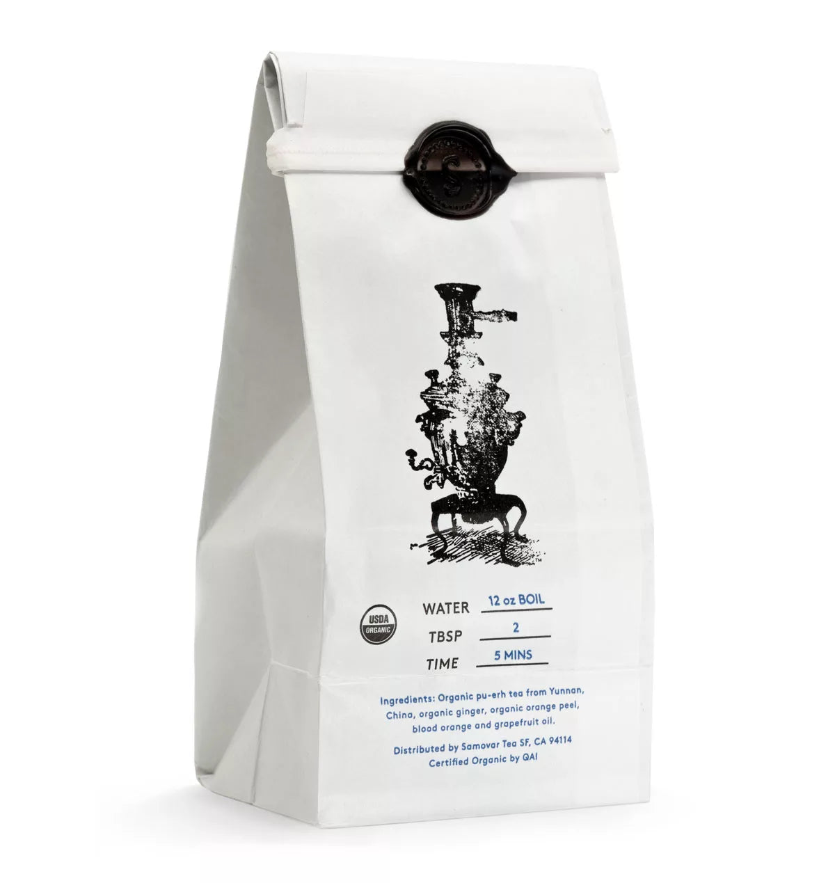 A bag of tea featuring a striking black and white design, labeled Blood Orange - Pu-erh Tea.